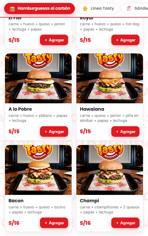 Men&uacute; de hamburguesas de Super Tasty con precios y carrito de pedido